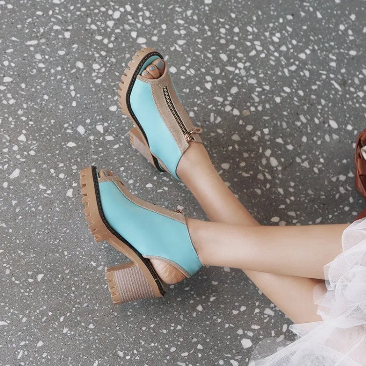 Leather Platform Sandals Women's's Color Block Peep Toe Chunky Heel Platform Sandals