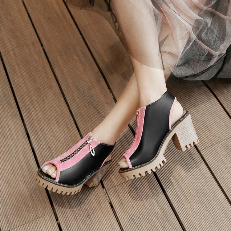 Women's's Color Block Peep Toe Chunky Heel Platform Sandals Stretch Sandals