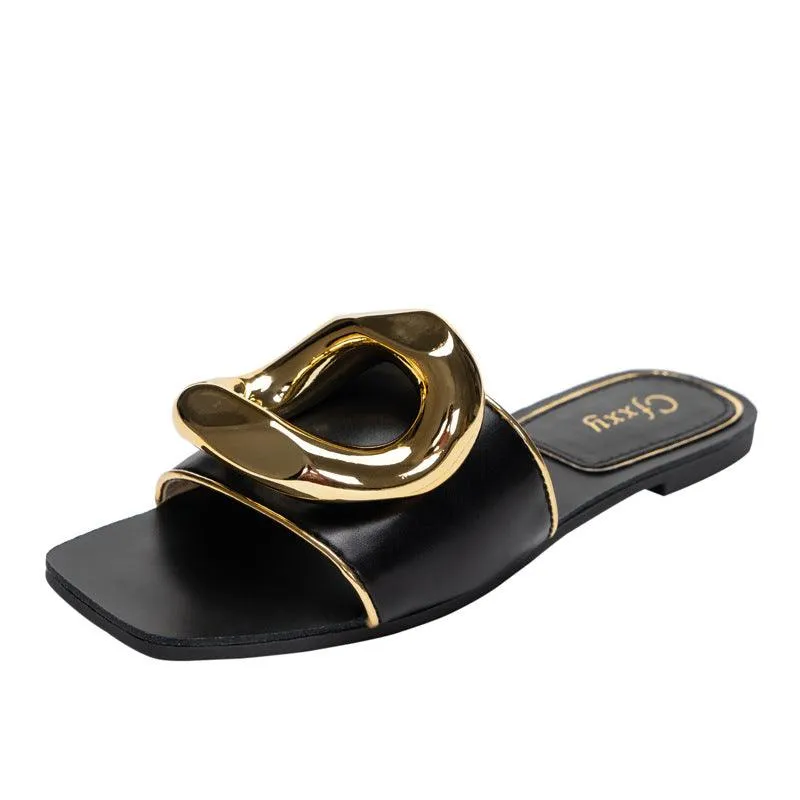 Dexter Slides CFX Personalized Large Gold Button For Women - Black