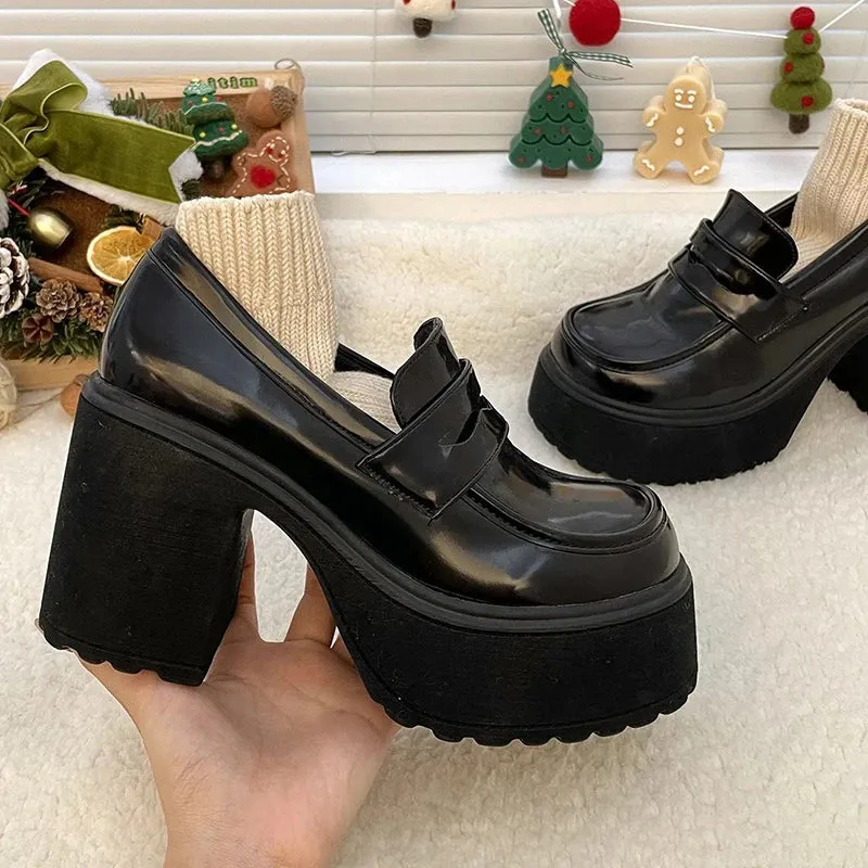 Ladies Loafers Shoes Super High Heels Loafers Women 2024 Spring Patent Leather Chunky Platform Pumps Woman Slip On Black Jk Uniform Shoes Mary Janes