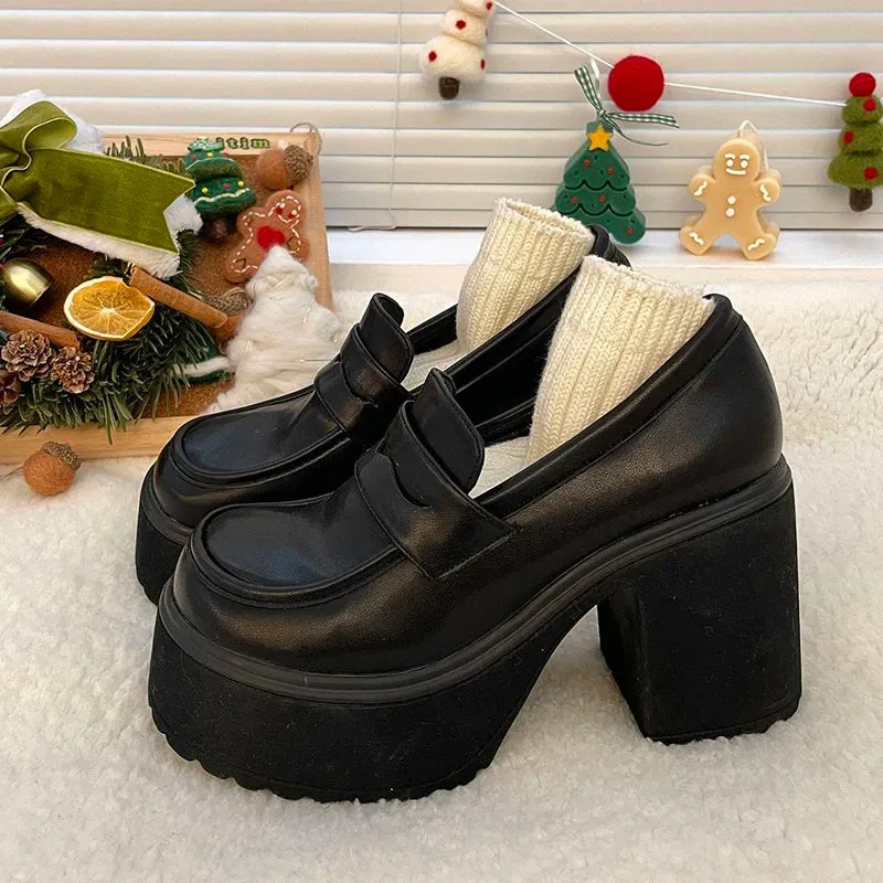 Horsebit Lug Sole Loafers Super High Heels Loafers Women 2024 Spring Patent Leather Chunky Platform Pumps Woman Slip On Black Jk Uniform Shoes Mary Janes