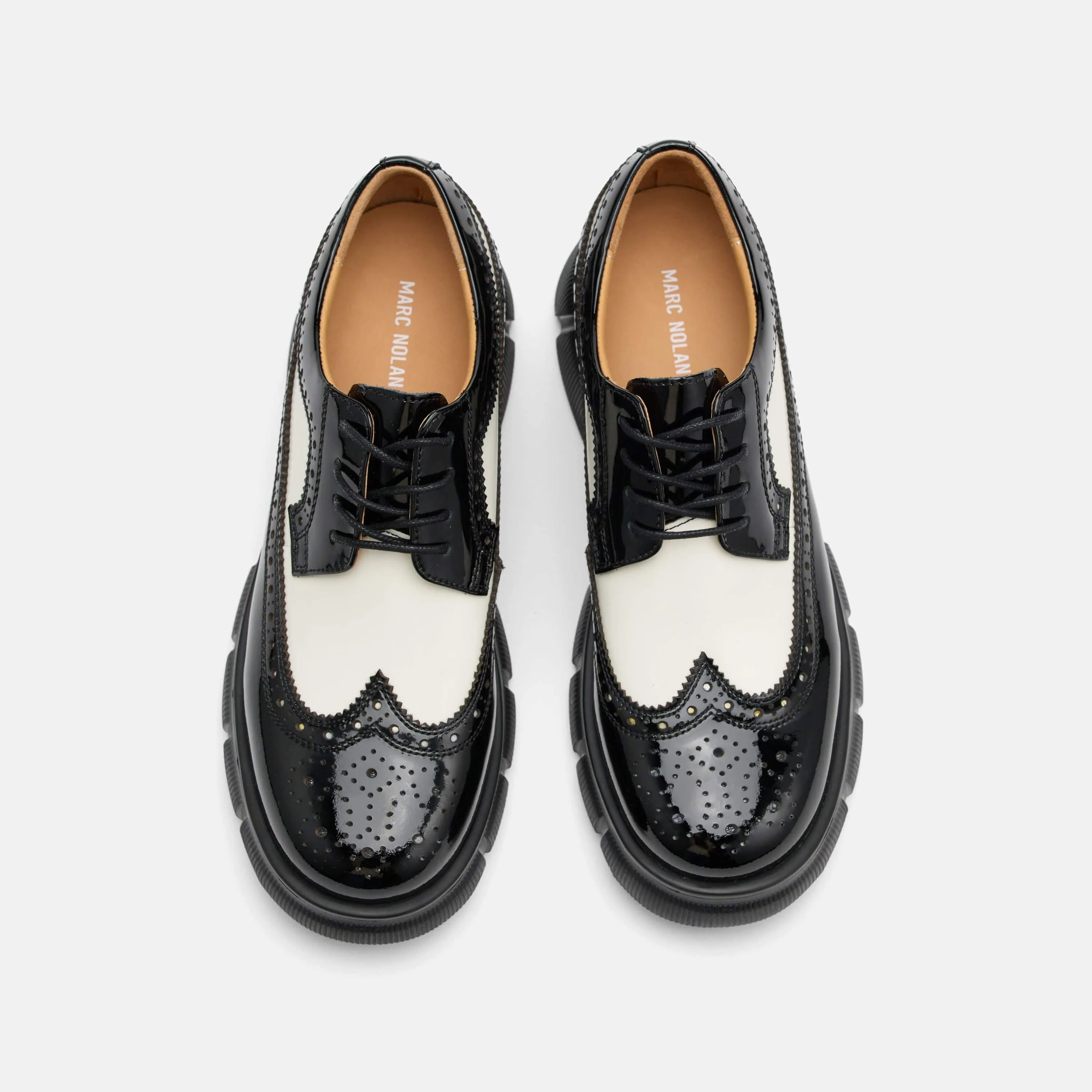 Coffee Oxford Ms. Alexander Black/White Patent Leather Lug Wingtip Derby