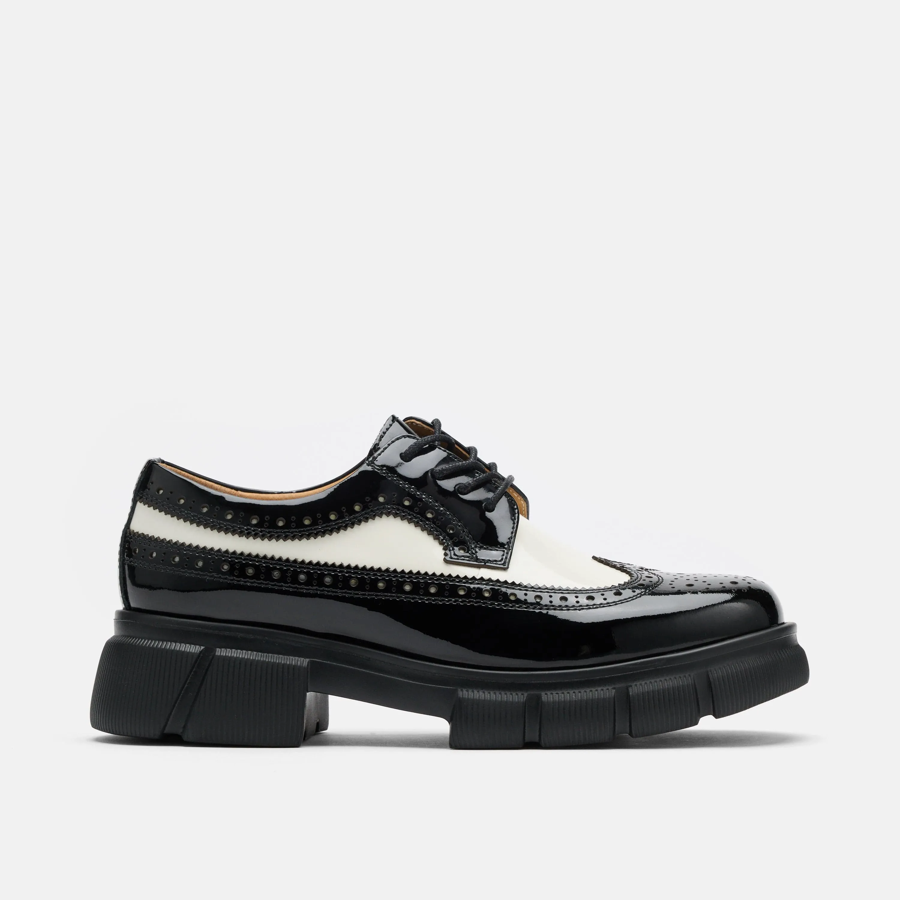 Ms. Alexander Black/White Patent Leather Lug Wingtip Derby Oxfords Or Loafers