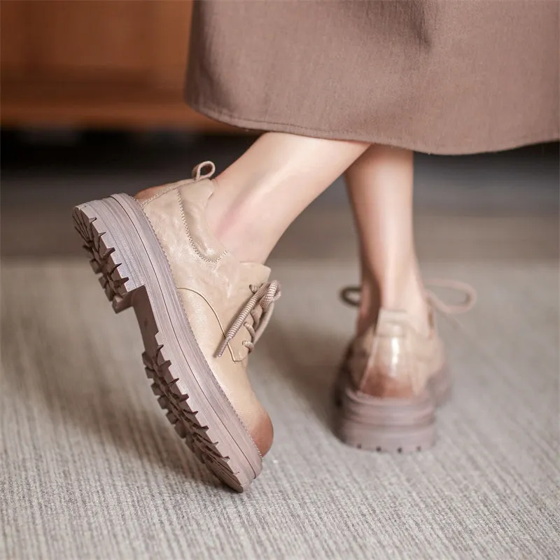 Oxford Toe Shoes Retro Lace Up Leather Shoes Round Toe Chunky Oxford Shoes Black/Brown/Beige