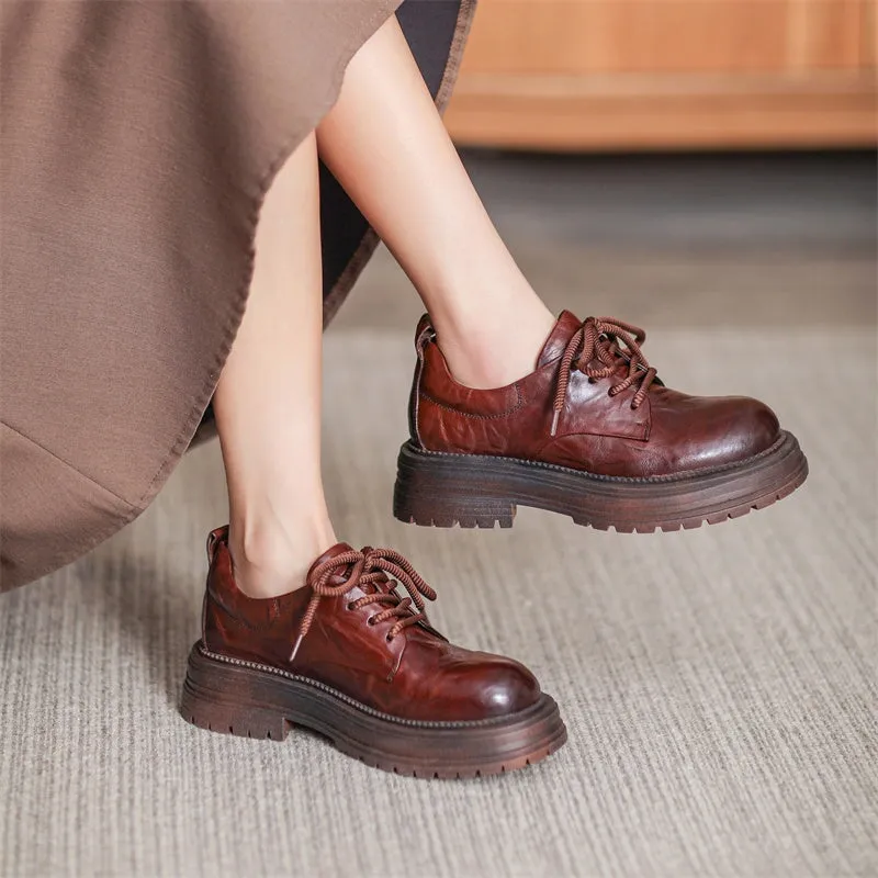 Retro Lace Up Leather Shoes Round Toe Chunky Oxford Shoes Black/Brown/Beige Corcoran Oxfords