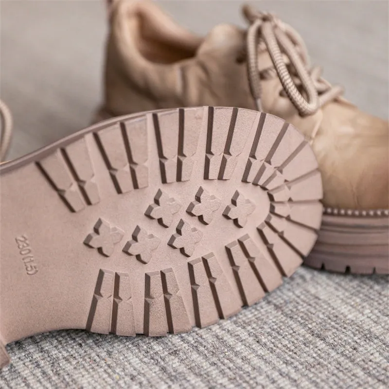 Oxfords Forever Retro Lace Up Leather Shoes Round Toe Chunky Oxford Shoes Black/Brown/Beige