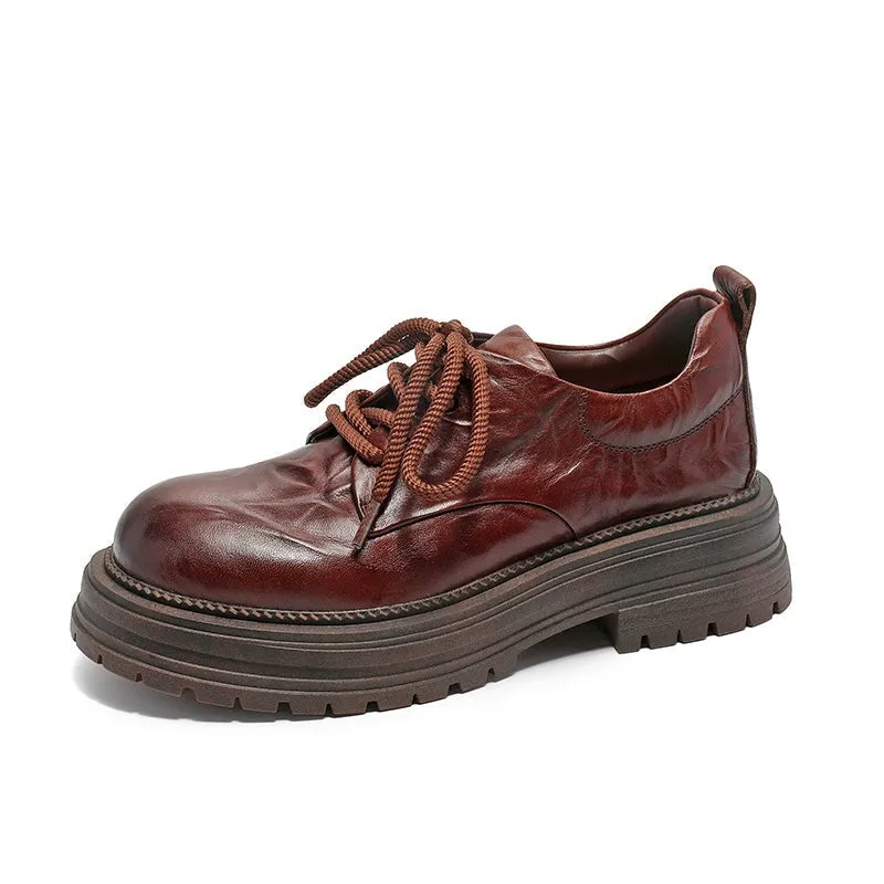 Retro Lace Up Leather Shoes Round Toe Chunky Oxford Shoes Black/Brown/Beige Oxford Button Down Shirts