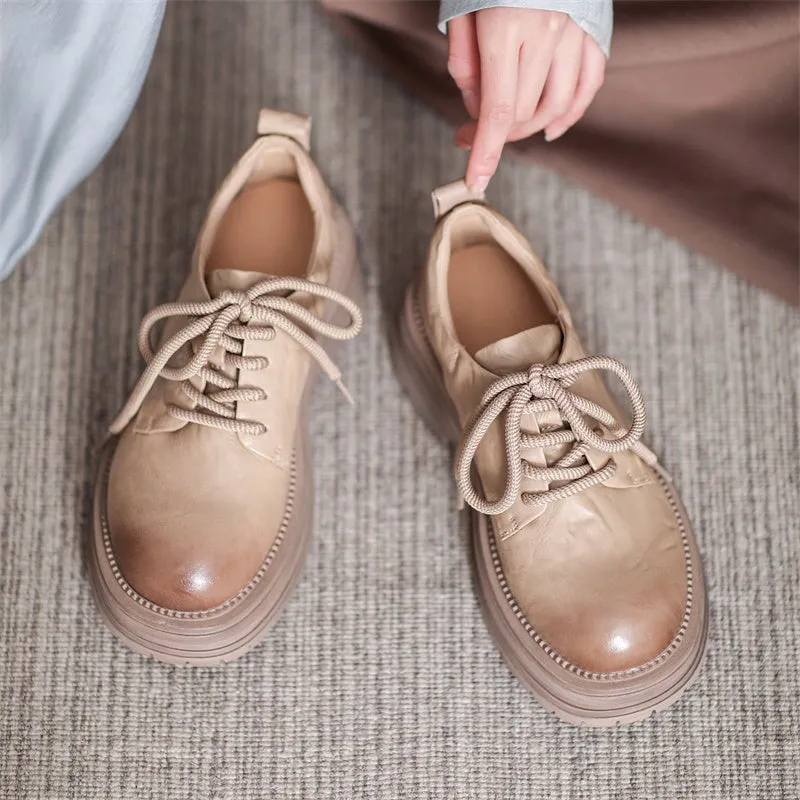 Retro Lace Up Leather Shoes Round Toe Chunky Oxford Shoes Black/Brown/Beige Styling Oxfords