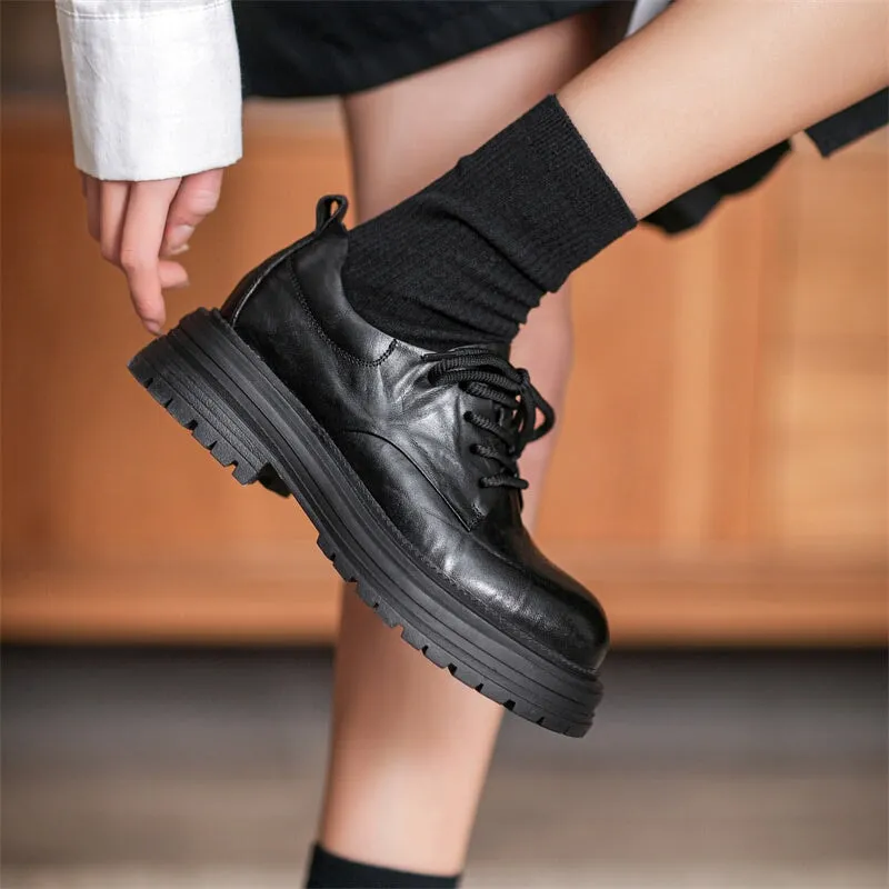 Leather Retro Lace Up Leather Shoes Round Toe Chunky Oxford Shoes Black/Brown/Beige