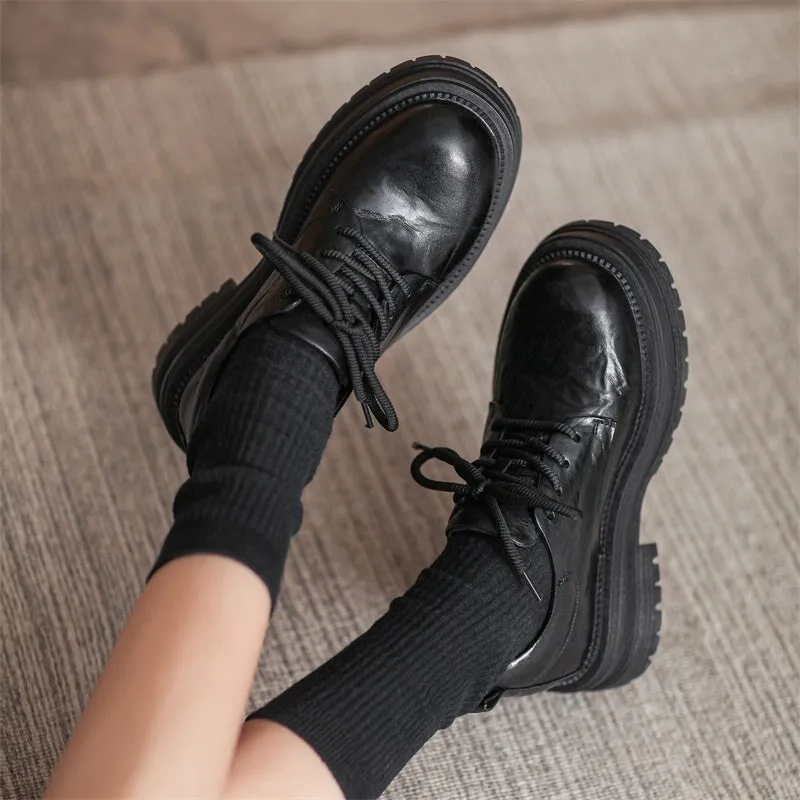 Retro Lace Up Leather Shoes Round Toe Chunky Oxford Shoes Black/Brown/Beige Garson Oxfords