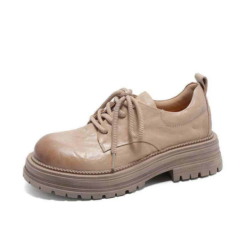 Lace Up Oxfords Wide Width Retro Lace Up Leather Shoes Round Toe Chunky Oxford Shoes Black/Brown/Beige