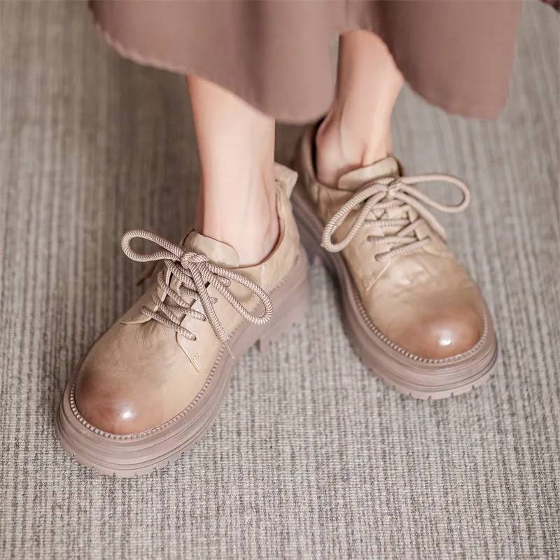 Retro Lace Up Leather Shoes Round Toe Chunky Oxford Shoes Black/Brown/Beige Oxfords Learners Dictionary