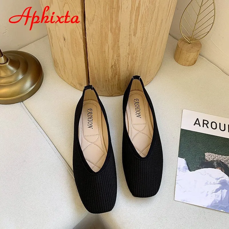 Square Toed Loafers Cotton Fabric Flats Shoes Women Yellow Ballerina Socks Shoes