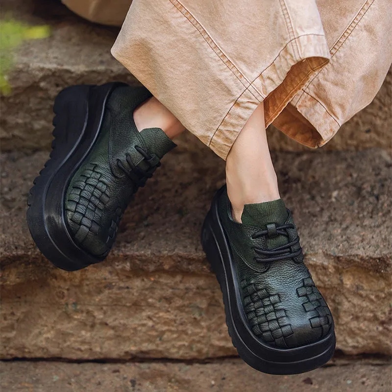 Oxford Steel Toe Vintage 90mm Leather Platform Lace Up Shoes For Women Big Round Toe in Green/Black