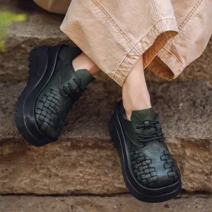 Oxfords Bakery Alweston Vintage 90mm Leather Platform Lace Up Shoes For Women Big Round Toe in Green/Black