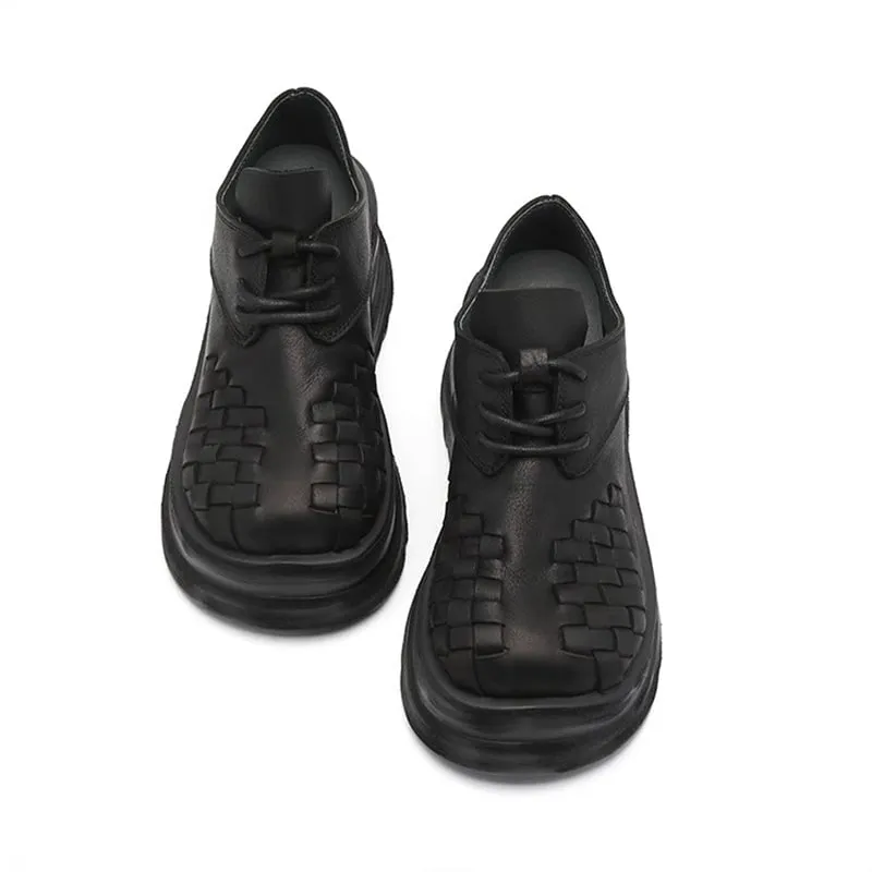 Vintage 90mm Leather Platform Lace Up Shoes For Women Big Round Toe in Green/Black Lena Perforated Oxfords