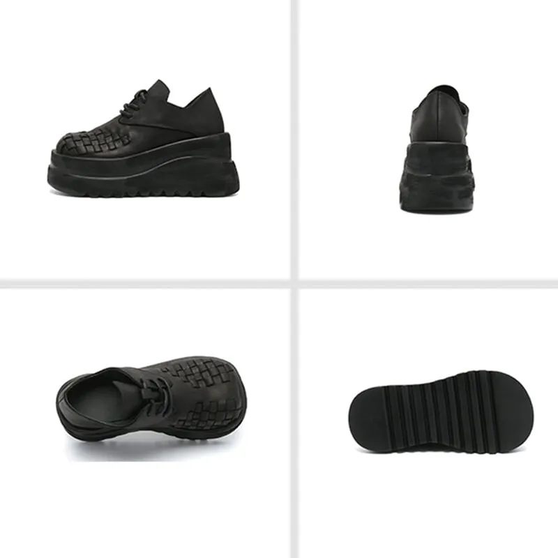 Calipa Cap Toe Oxfords Vintage 90mm Leather Platform Lace Up Shoes For Women Big Round Toe in Green/Black