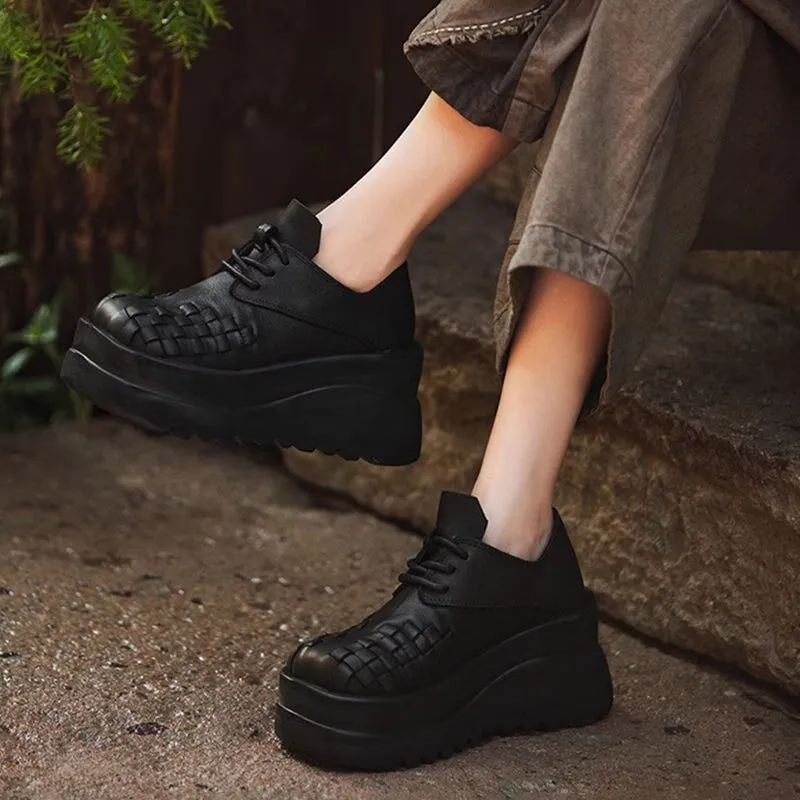 Narrow Oxfords Vintage 90mm Leather Platform Lace Up Shoes For Women Big Round Toe in Green/Black