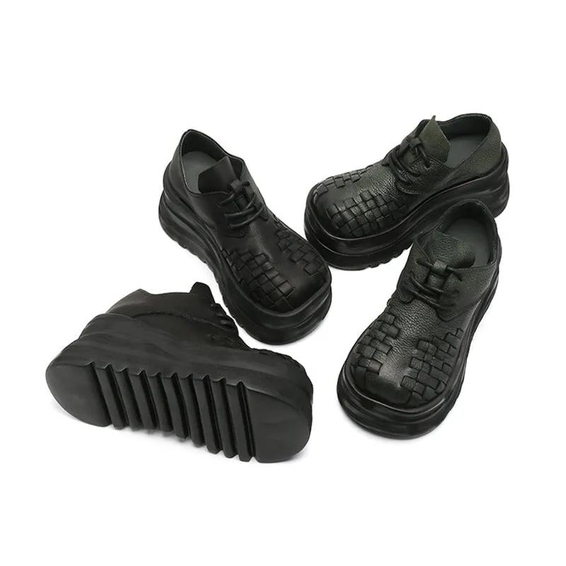 Vintage 90mm Leather Platform Lace Up Shoes For Women Big Round Toe in Green/Black Cap Toe Oxford Dress Shoe