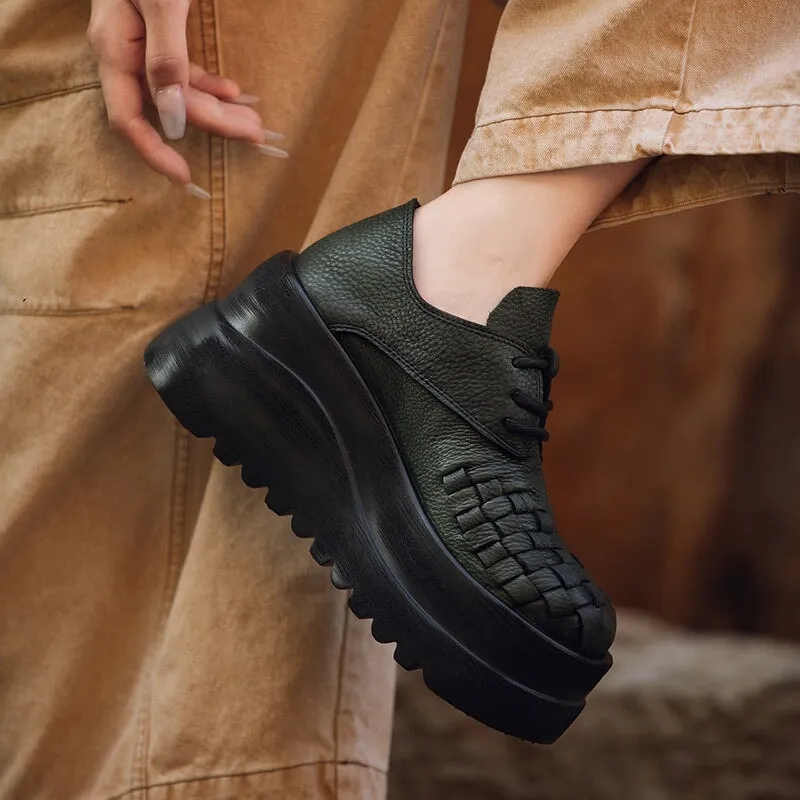 Hutch Touch Oxford Vintage 90mm Leather Platform Lace Up Shoes For Women Big Round Toe in Green/Black