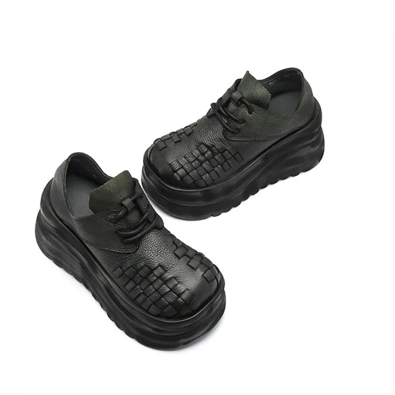 Vintage 90mm Leather Platform Lace Up Shoes For Women Big Round Toe in Green/Black Mid Heel Oxfords