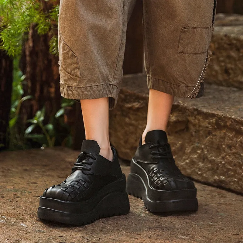 Oxford Shoes Casual Vintage 90mm Leather Platform Lace Up Shoes For Women Big Round Toe in Green/Black