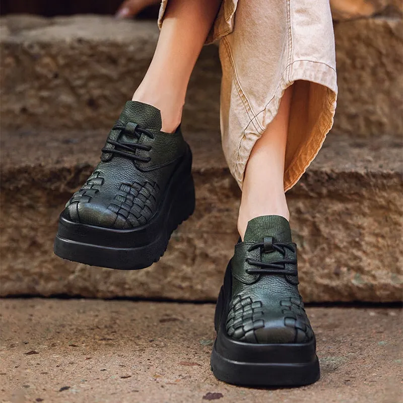 Vintage 90mm Leather Platform Lace Up Shoes For Women Big Round Toe in Green/Black Koi Footwear Oxfords