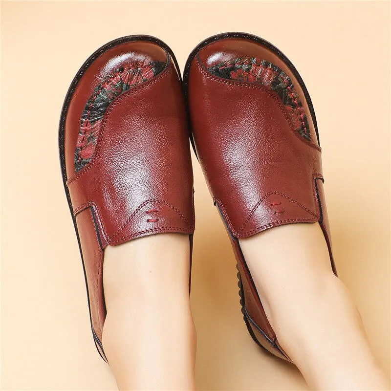 Breaking In Loafers Vintage Genuine Leather Retro Flats Loafers Women Shoes With Floral Print