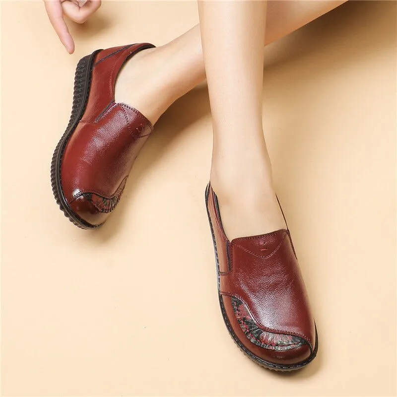 Loafers Toe Split Vintage Genuine Leather Retro Flats Loafers Women Shoes With Floral Print