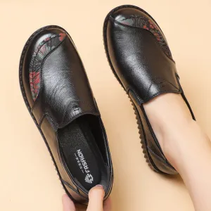 Embellished Loafers Vintage Genuine Leather Retro Flats Loafers Women Shoes With Floral Print