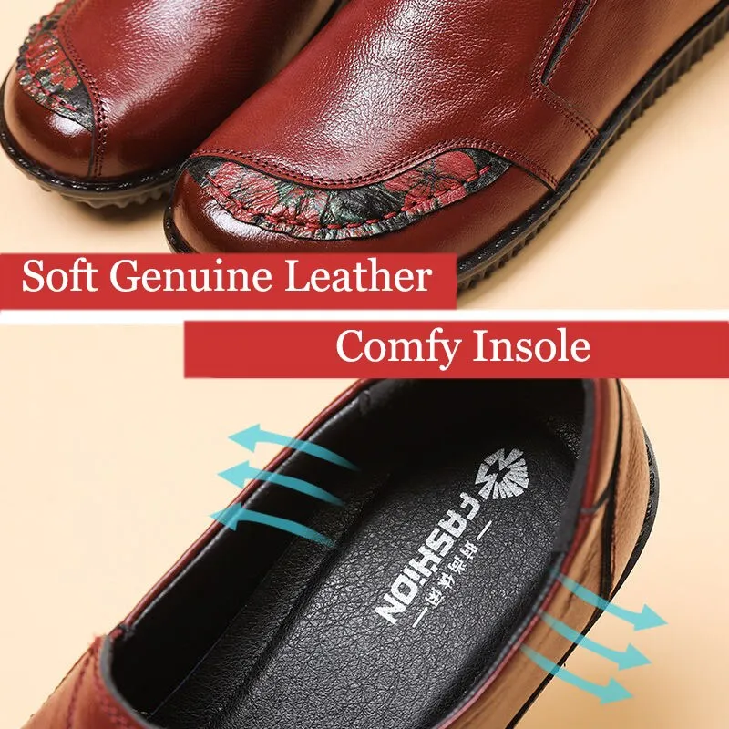 Vintage Genuine Leather Retro Flats Loafers Women Shoes With Floral Print Lug Bit Loafers