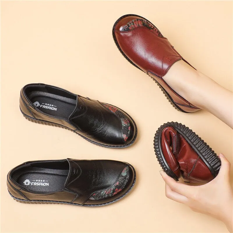 Vintage Genuine Leather Retro Flats Loafers Women Shoes With Floral Print Braided Loafers