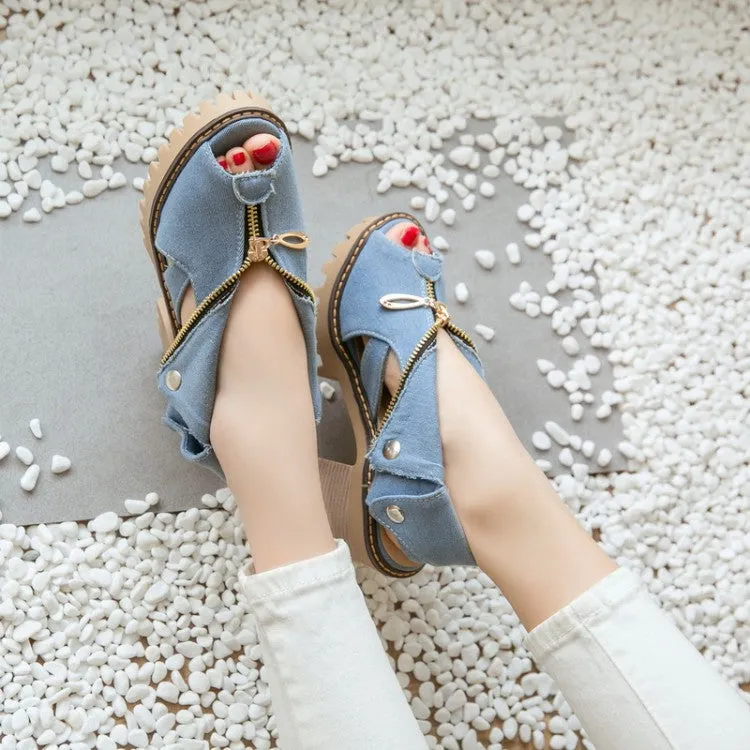 Women's's Denim Peep Toe Hollow Out Chunky Heel Platform Sandals Close-toe Sandals