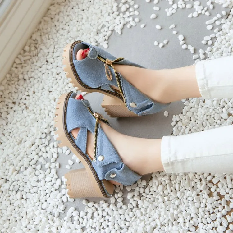 Sandals Skechers Women's's Denim Peep Toe Hollow Out Chunky Heel Platform Sandals