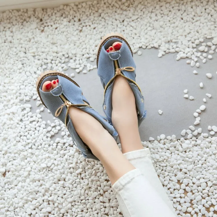 Wedding Flats Sandals Women's's Denim Peep Toe Hollow Out Chunky Heel Platform Sandals