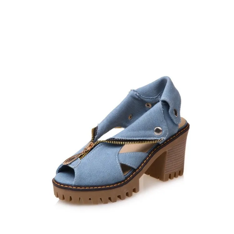 Women's's Denim Peep Toe Hollow Out Chunky Heel Platform Sandals Sandals That Are Good For Walking