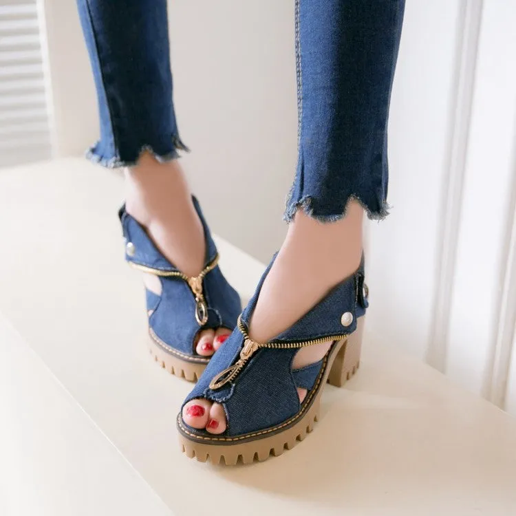Women's's Denim Peep Toe Hollow Out Chunky Heel Platform Sandals Sam Edelman Gigi Sandals