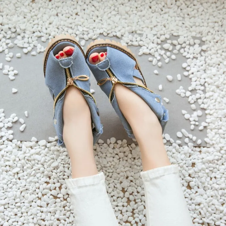 Women's's Denim Peep Toe Hollow Out Chunky Heel Platform Sandals Porn In Sandals