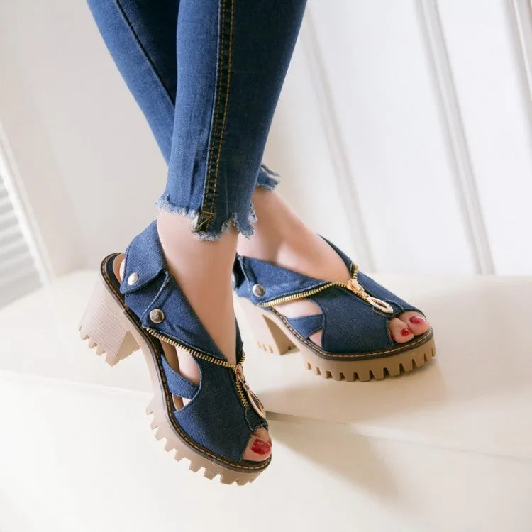 Women's's Denim Peep Toe Hollow Out Chunky Heel Platform Sandals Secrets Vs Sandals