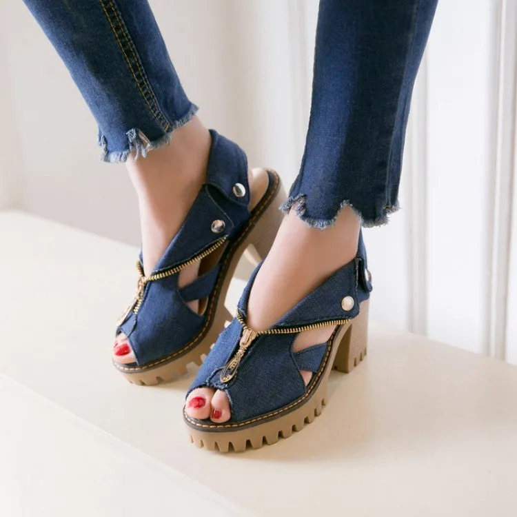 Women's's Denim Peep Toe Hollow Out Chunky Heel Platform Sandals Peyton Sandals