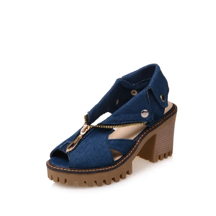 Women's's Denim Peep Toe Hollow Out Chunky Heel Platform Sandals Low Heel Dress Sandals