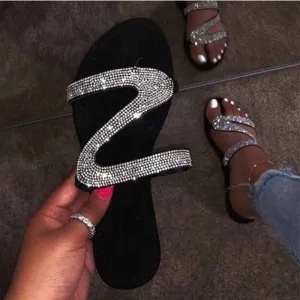 Sexy Women Summer Flat Slippers Rhinestone Shoe Open Toe Roman Beach Sandal ladies Flip Flops Black Non-slip Slides size 35-43 Slides Size 7