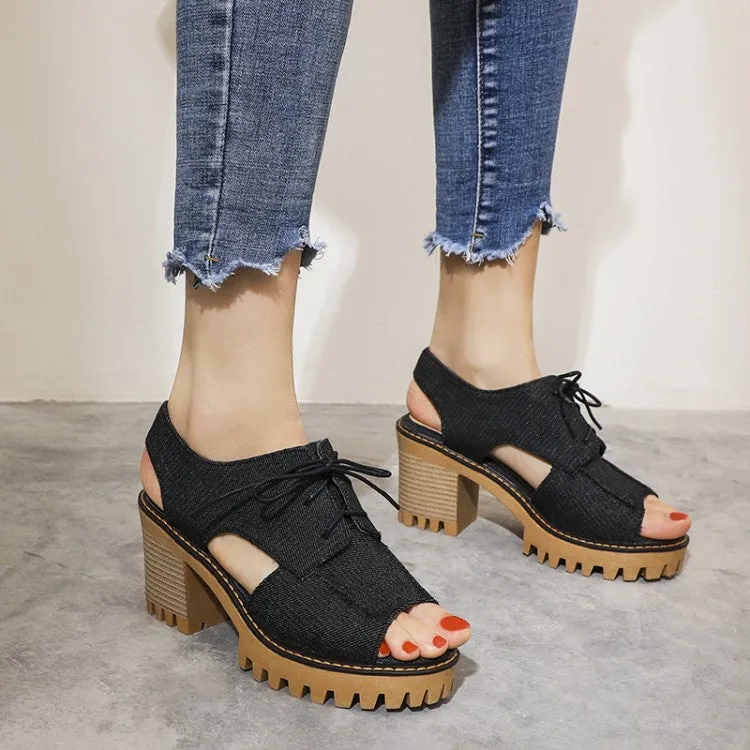 Women's's Denim Hollow Out Chunky Heel Platform Sandals Sandals Resorts