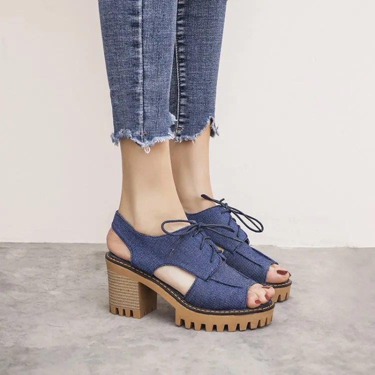 Women's's Denim Hollow Out Chunky Heel Platform Sandals Sandals At