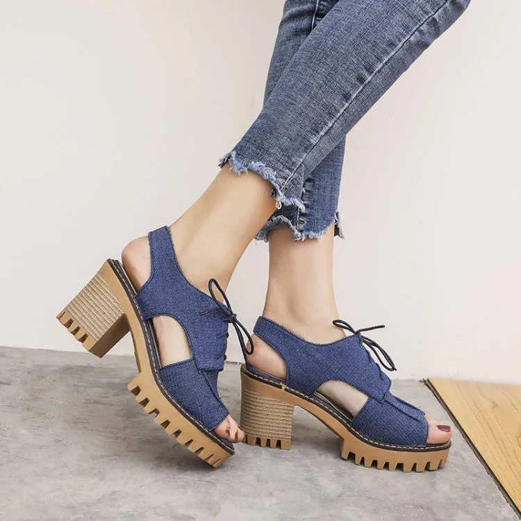 Sandals Hotel Grenada Women's's Denim Hollow Out Chunky Heel Platform Sandals