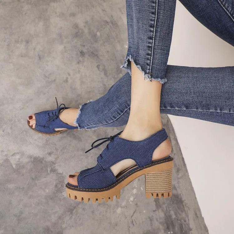 Women's's Denim Hollow Out Chunky Heel Platform Sandals Low Wedge Heels Sandals