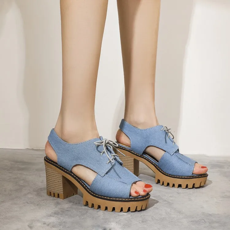 Clothing Sandals Women's's Denim Hollow Out Chunky Heel Platform Sandals