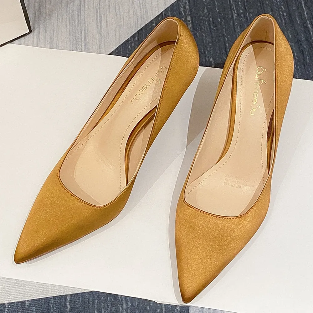 Yellow Silk Satin Thin High Heels Stiletto Bride Pumps Working Cowboy NULL