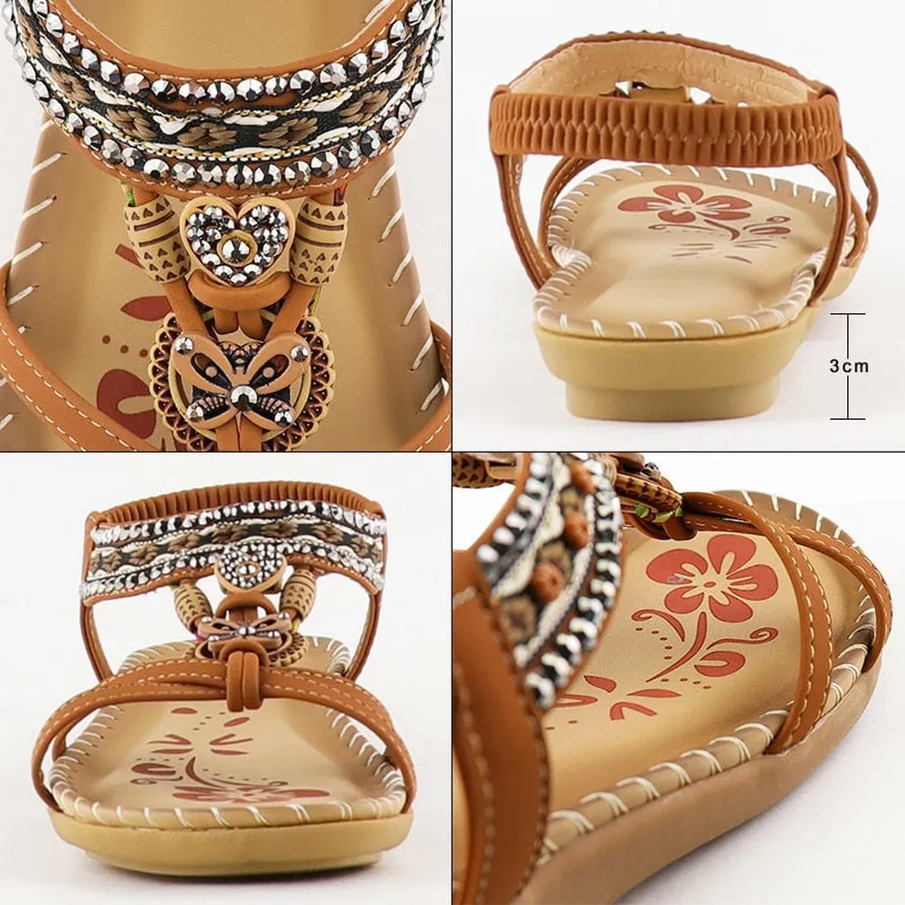 Women Flower Print Sewing Rhinestone Design Soft Elastic Band Sandals Slippers Cyber Monday