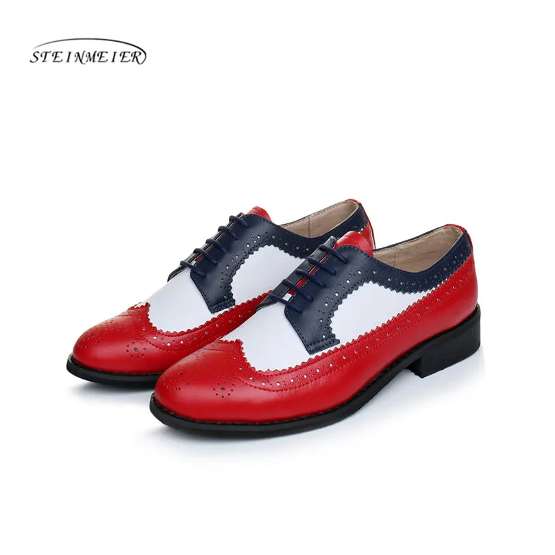 Italian Oxfords Women Genuine Leather Oxford Shoes Woman Flats Handmade Vintage Retro Lace Up Loafers Brown Casual S